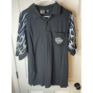 Harley Davidson Pocket Polo Shirt Large Black Blue Flames Sleeves Beach House